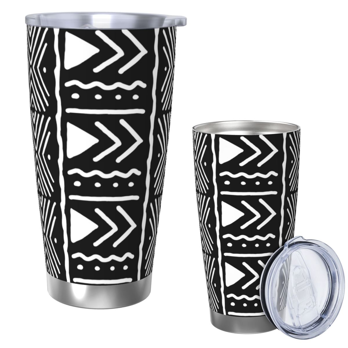 Tumbler 20Oz White - Schwarz-weißer afrikanischer Bogolan-Stammesmuster-Edelstahlbecher mit Vakuumisolierung, thermische