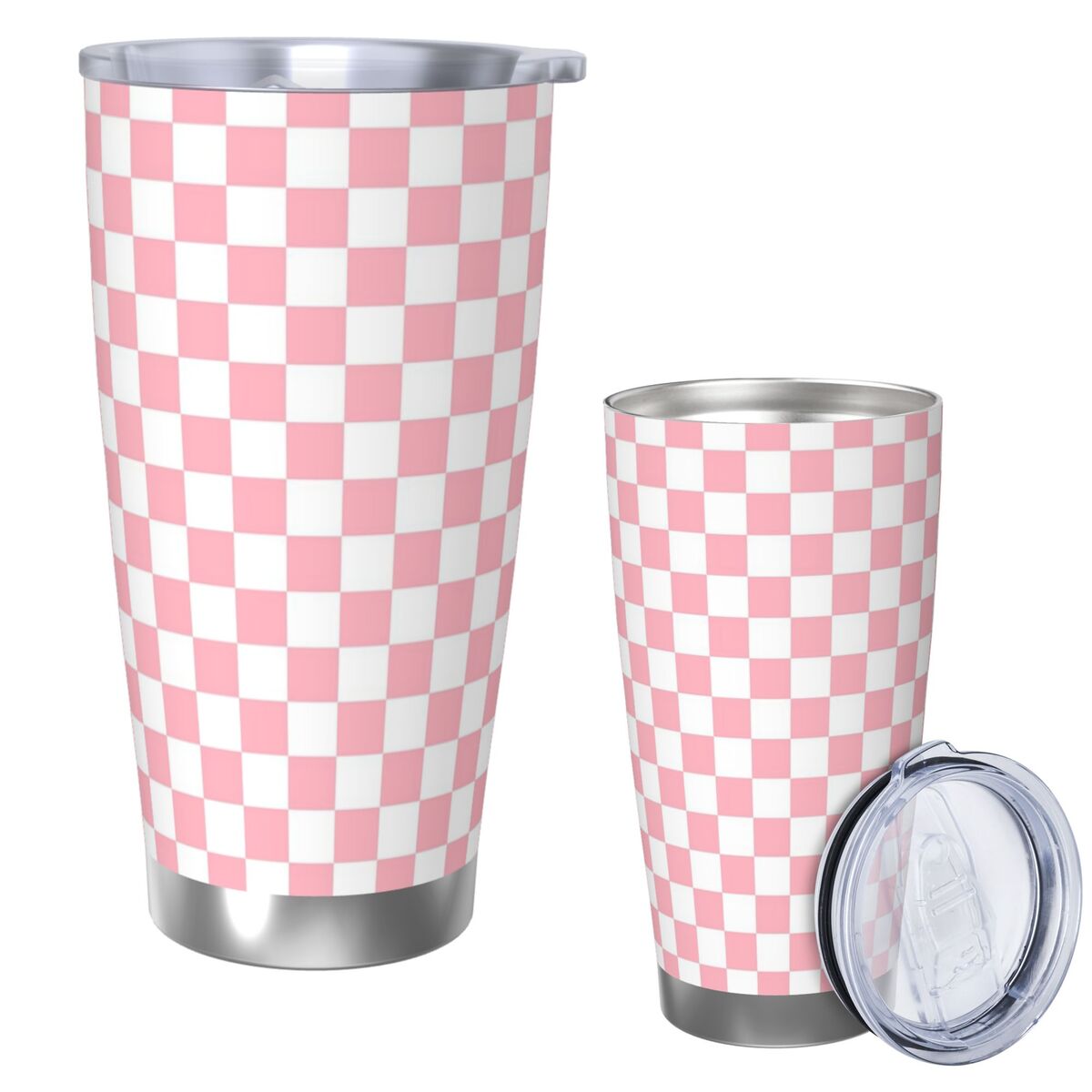 Tumbler 20Oz White - Rosa-weißer Schachbrettmuster-Edelstahlbecher, vakuumisolierter Becher, thermische kalte