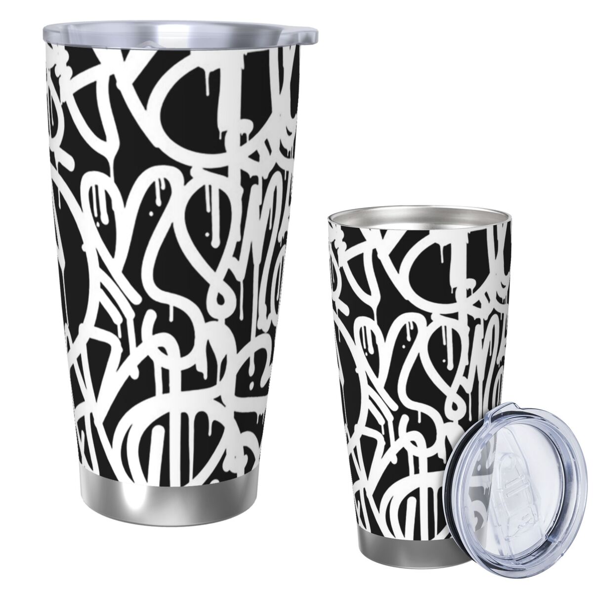 Tumbler 20Oz White - Schwarz-weißer Graffiti-Edelstahlbecher, vakuumisolierte Becher, thermischer Kaltflaschen-Strohhalm
